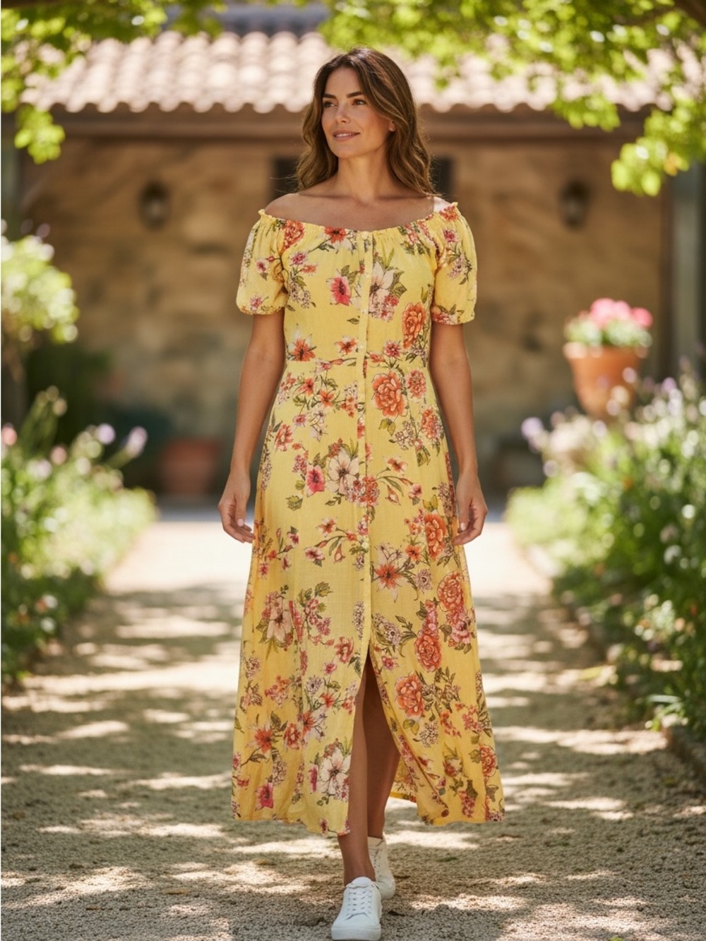 Billabong Yellow Floral Off-Shoulder Maxi Dress